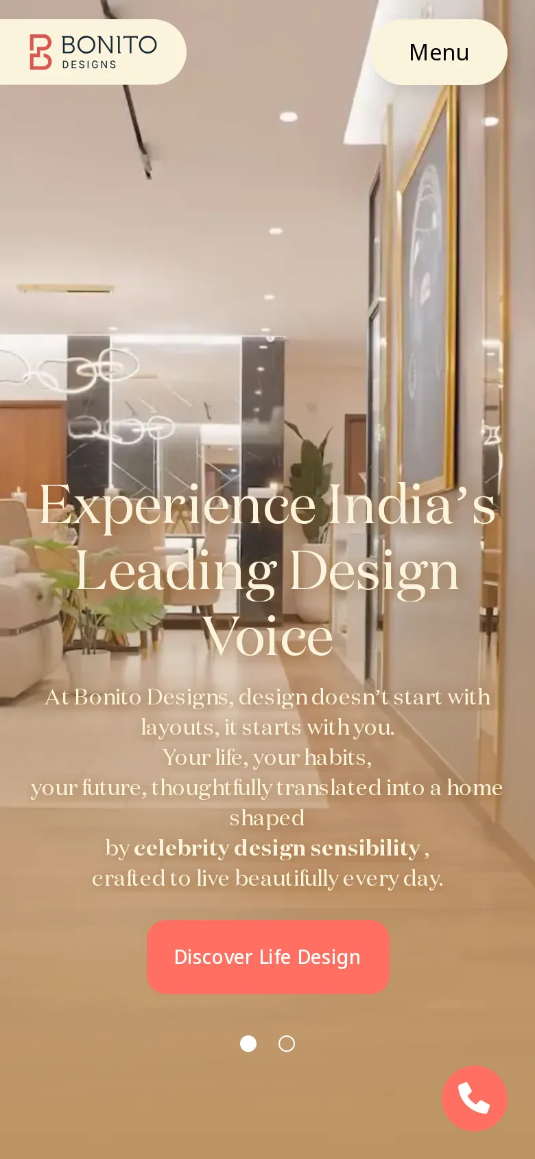 Bonito Designs website homepage, mobile view