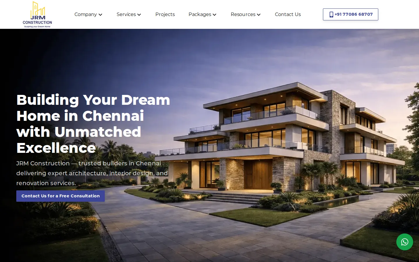 JRM Construction website homepage, desktop view