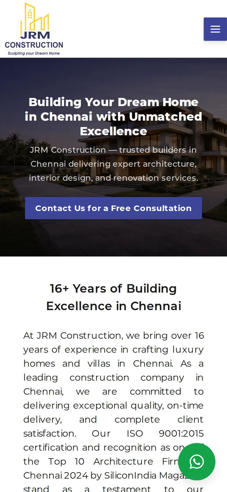 JRM Construction website homepage, mobile view